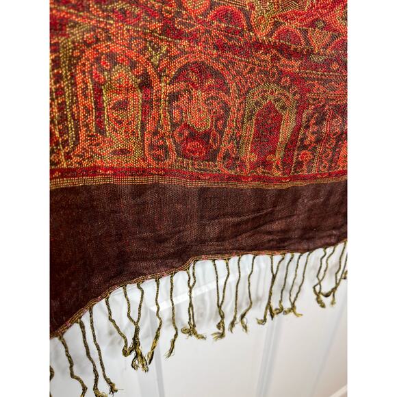 Pashmina Oversize Scarf Brown Red Orange Butterfly Floral Fringe - Picture 3 of 7